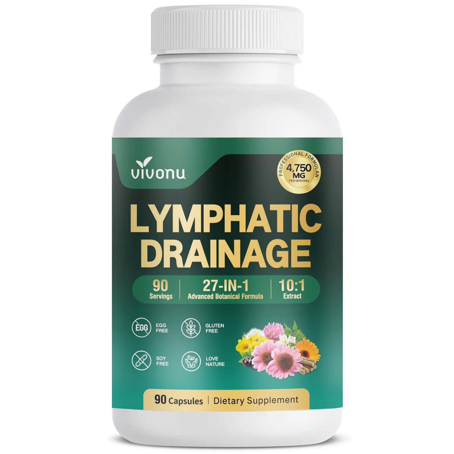 VivoNu 27-in-1 Liposome Lymphatic Drainage Supplements, 90 Day Supply with Echinacea, Chlorophyll, Dandelion, Burdock, Mullein Leaf Extract for Lungs, 10:1 Concentrated Technology, 90 Capsules