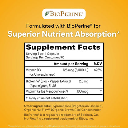 Vitamin D3 + K2 - Max Absorption, 5000 IU D3 & 100 mcg K2 MK-7 (Menaquinone-7) with BioPerine - Bone, Heart & Immune Support - Non-GMO, Gluten Free, Soy Free - 90 Capsules - Daily Supplement