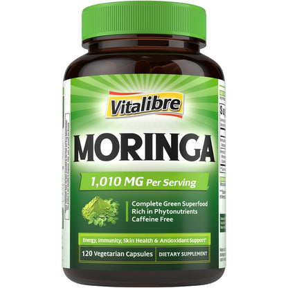 Moringa 1,010 mg, Maximum Potency, Complete Green Superfood, Rich in Antioxidants, No Gluten & Caffeine, Non-GMO, Energy, Immune, Gut & Skin Health, 90 Vegan Capsules