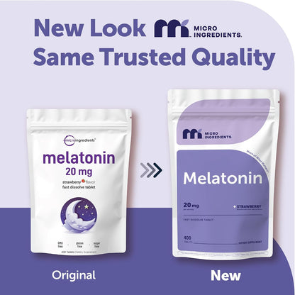 Micro Ingredients Melatonin 20mg, 400 Tablets | Strawberry Flavor | Fast Dissolve | 100% Drug Free | Vegetarian Friendly | Non-GMO, No Gluten, Sugar Free