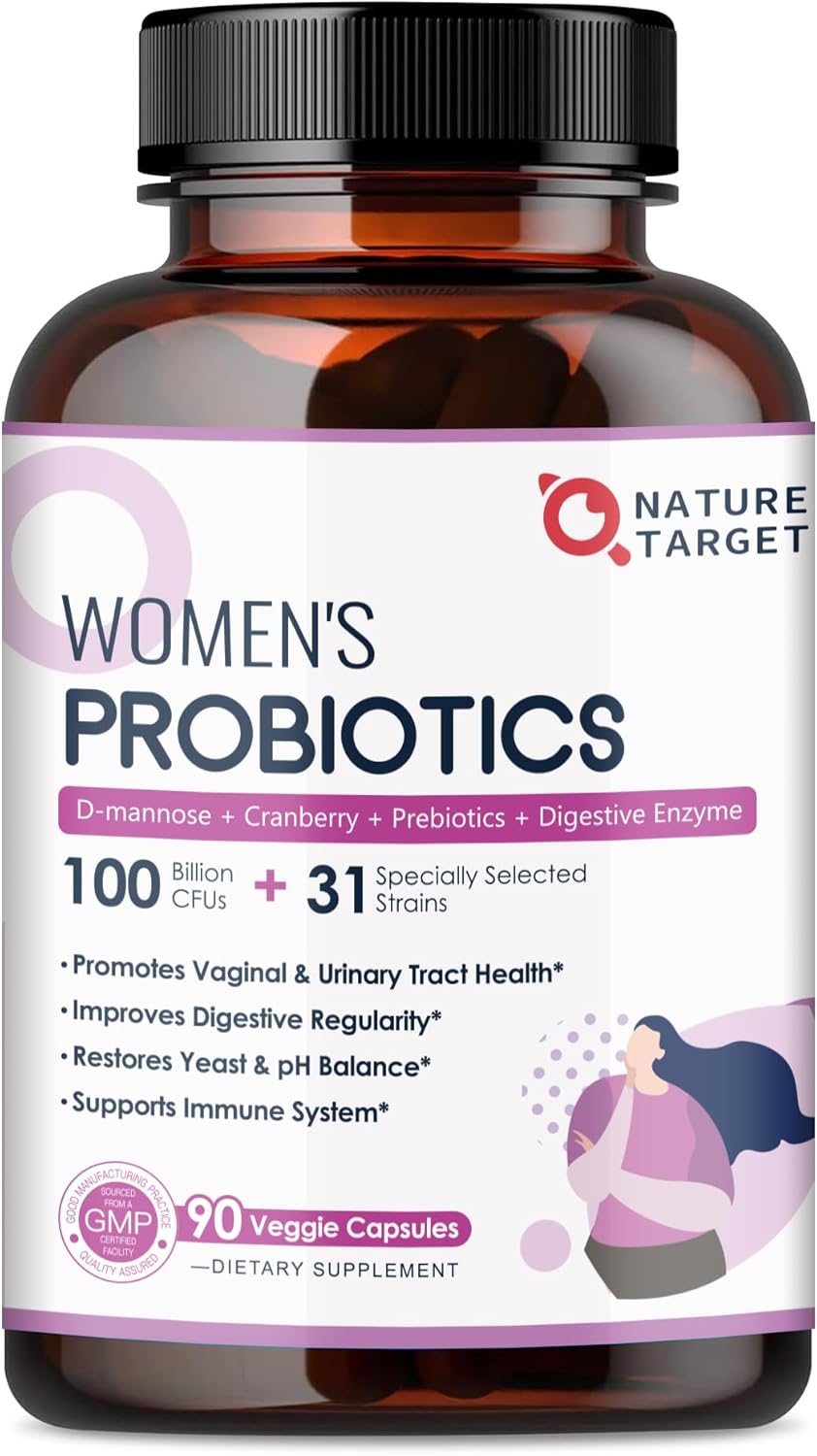 NATURE TARGET Probiotics for Women, 100 Billion CFU, 90 Veggie Capsules | Prebiotics & Enzymes Support Digestive Health & Gut Balance, With Cranberry For Vaginal & Urinary Tract Health, Shelf-Stable