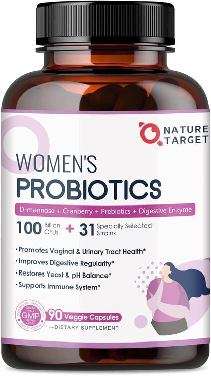 NATURE TARGET Probiotics for Women, 100 Billion CFU, 90 Veggie Capsules | Prebiotics & Enzymes Support Digestive Health & Gut Balance, With Cranberry For Vaginal & Urinary Tract Health, Shelf-Stable