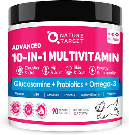 NATURE TARGET Dog Vitamins Powder, Probiotics & Digestive Enzymes for Gut Health, Glucosamine & Chondroitin & Omega 3, Complete Supplement for Homemade Dog Food, Joint & Skin & Immune Support | Probiotics & Digestive Enzymes for Gut Health, Glucosamine &