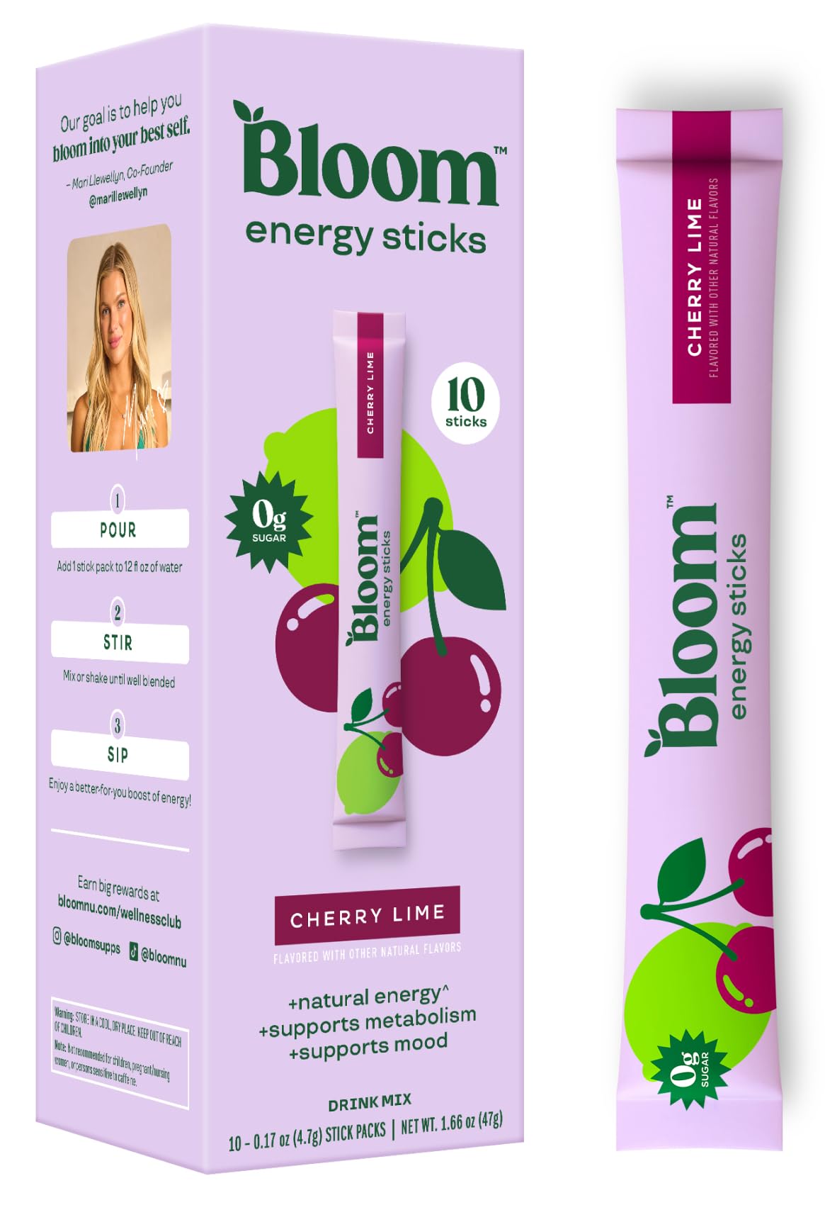 Bloom Nutrition Energy Drink Powder Packets, Strawberry Watermelon, 10 Ct | Sugar Free Drink Mix with L-Theanine, B Vitamins & Natural Caffeine, On the Go Powder Sticks for Natural Energy, 10 Calories