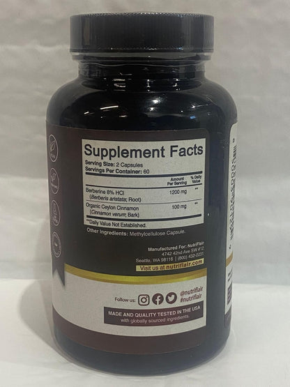 NutriFlair Berberine HCl 1200mg, 120 Capsules - Plus Ceylon Cinnamon, Berberine HCI Root Supplements Pills - Made in USA