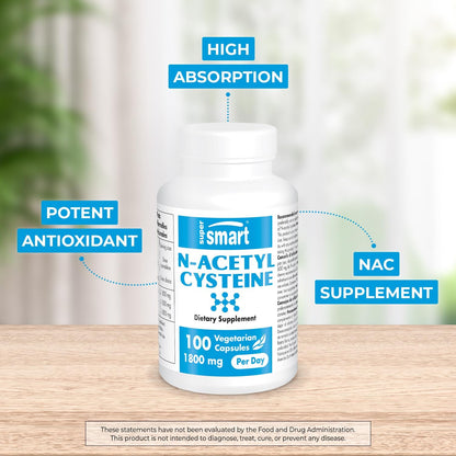 SuperSmart N-Acetyl Cysteine 1800mg per Serving High Absorption - NAC Supplement - High Potency Antioxidants Amino Acids - Glutathione Precursor | Non-GMO & Gluten Free - 100 Vegetarian Capsules