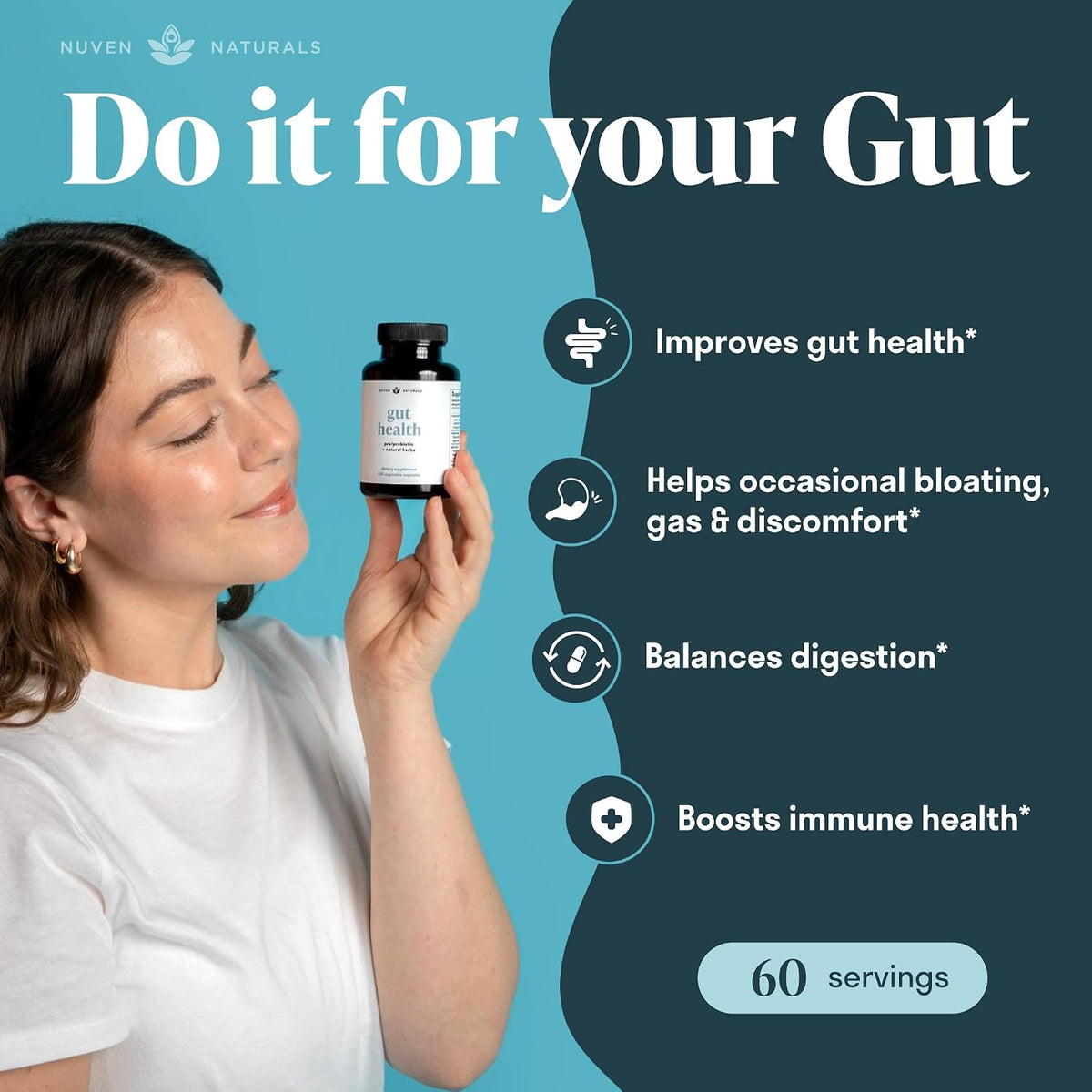 Nuven Naturals All-in-One Gut Health w/Probiotics, Prebiotics, Digestion-Supporting Herbs, and Adaptogens - Leaky Gut Repair Formula to Support Gut Lining, Aid in Digestion, and Promote Good Bacteria | Gut Health for Women & Men to Support Digestive Healt