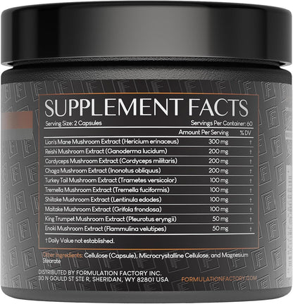 Formulation Factory Shroom Vroom 10-in-1 Mushroom Complex (2-Pack) with Lion's Mane, Reishi, Cordyceps, Chaga, Turkey Tail, Tremella, Maitake, Shiitake & More - 120 Capsules, 2 Month Supply