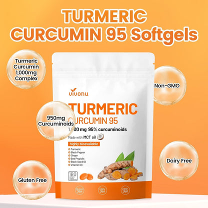 10-in-1 Turmeric Supplement Softgels, 95% Curcumin for 1000mg, Made Mct Oil, 60-Day Supply with Black Pepper, Ginger, Propolis Powder, Black Seed Oil, Saw Palmetto Oil, Zinc, Vitamin D3, E & More