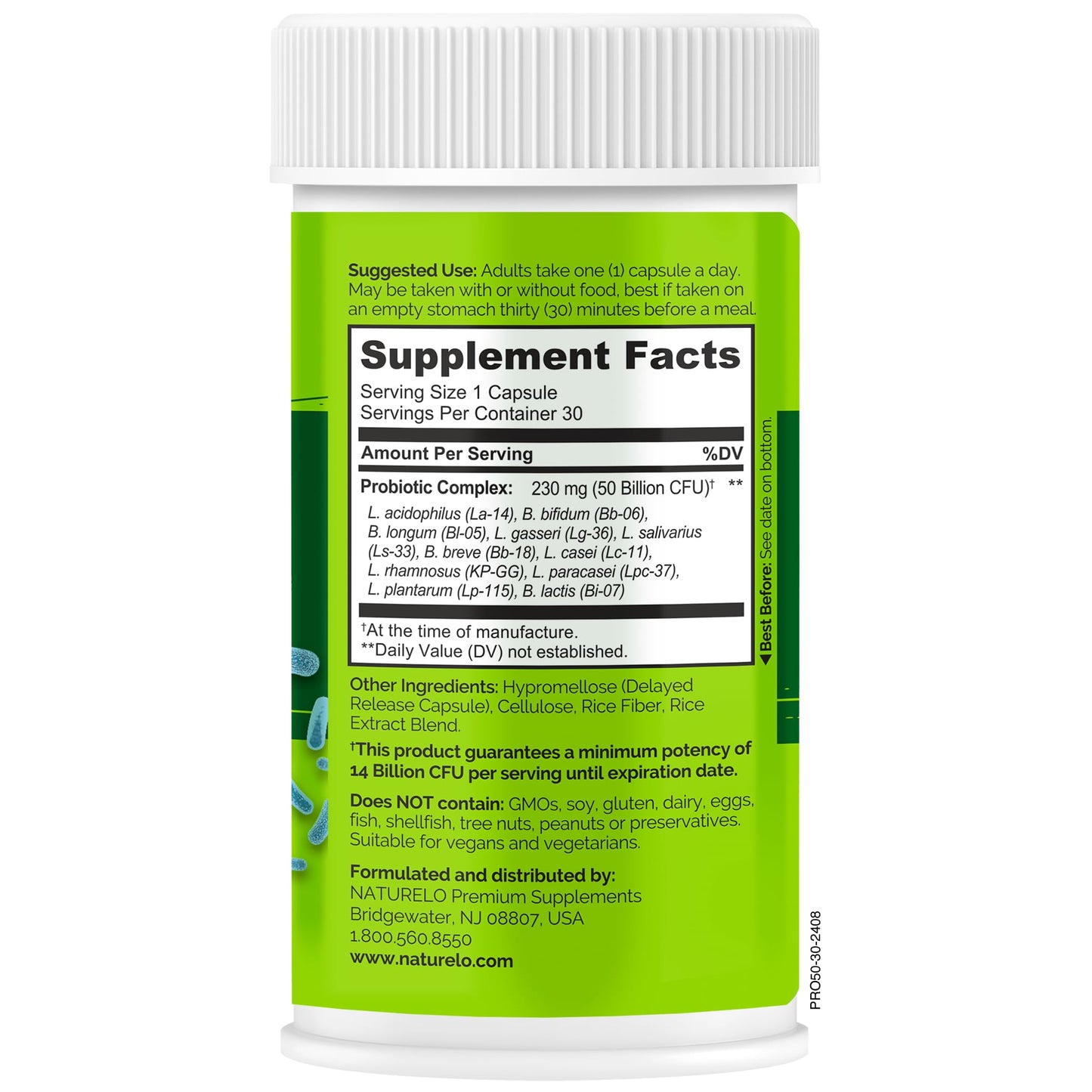 NATURELO Probiotics for Digestive Health, 50 Billion CFU, 60 Vegetarian Capsules, 11 Strains, Daily Use Supplement, Delayed Release, No-Fridge, Boosts Immune System, Probiotics for Women & Men