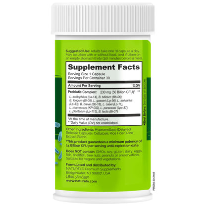 NATURELO Probiotics for Digestive Health, 50 Billion CFU, 60 Vegetarian Capsules, 11 Strains, Daily Use Supplement, Delayed Release, No-Fridge, Boosts Immune System, Probiotics for Women & Men
