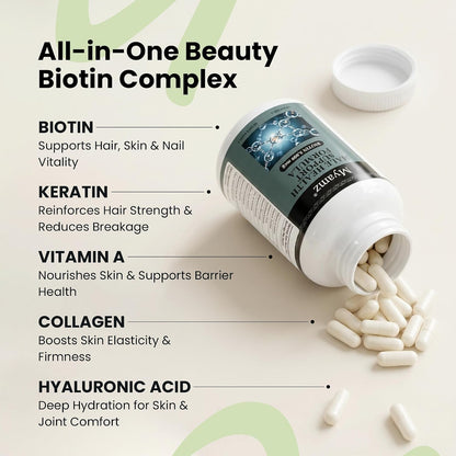 Collagen Peptides & Hyaluronic Acid Supplement with Vitamins A, C, E, B6, Biotin, Zinc & Selenium – Skin Hydration, Hair Growth & Nail Strength Complex for Women & Men