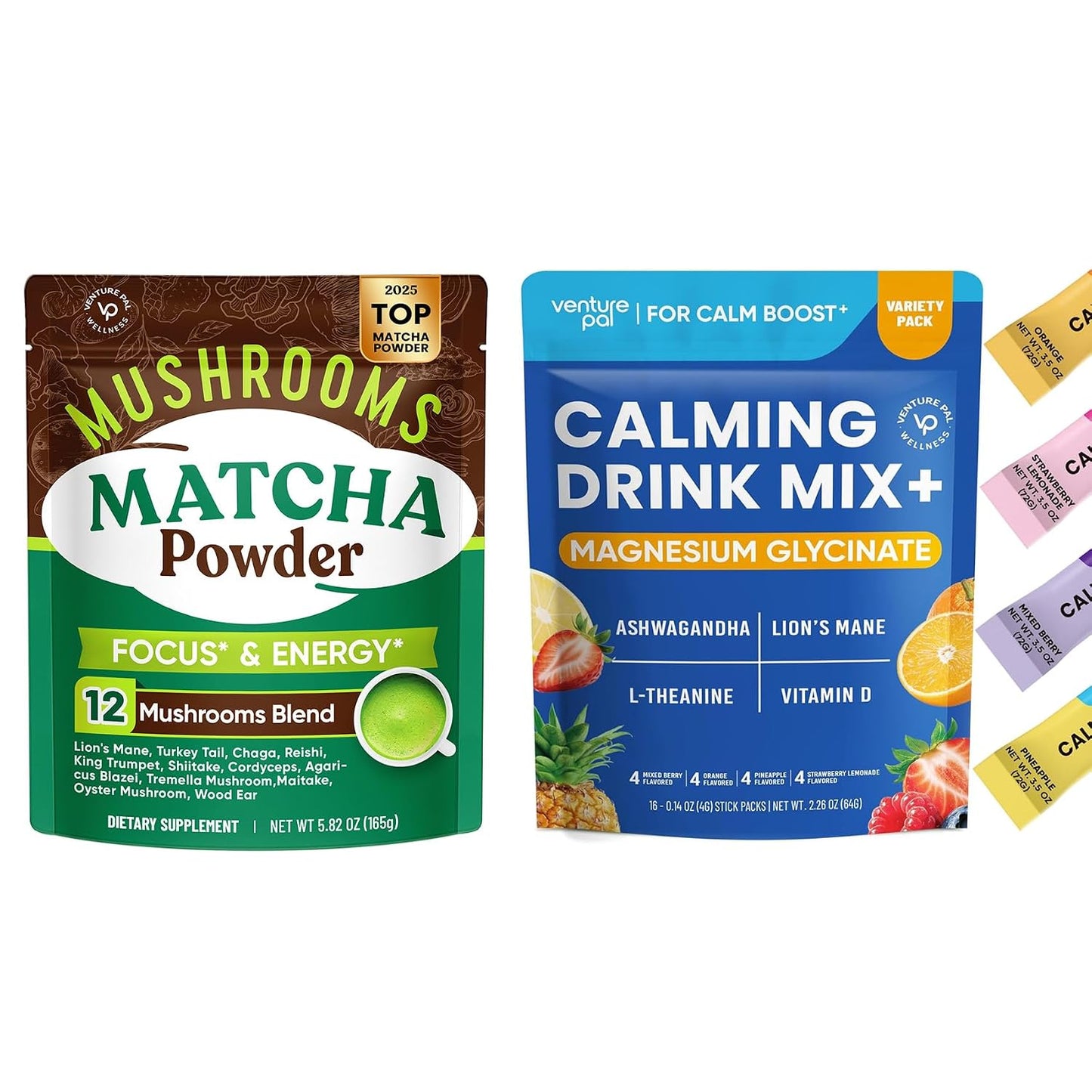 Venture Pal Ceremonial Grade Mushroom Matcha Powder + Venture Pal Calming Powdered Drink Mix - Energy, Relax & Focus - Non GMO & Vegan