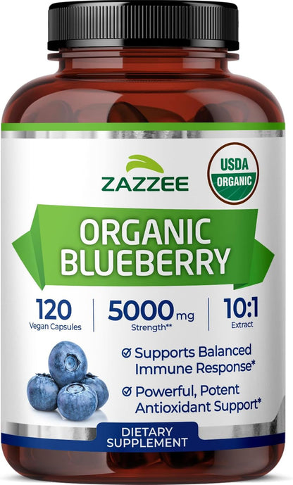 Zazzee USDA Organic Blueberry 10:1 Extract, 120 Vegan Capsules, 4 Month Supply, Whole Fruit, Vaccinium Angustifolium, Antioxidant & Cellular Health Support, Herbal Supplement, Non-GMO, Made in the USA