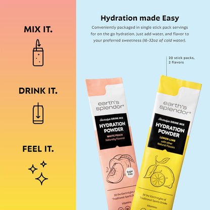 Earth's Splendor Hydration Powder Bundle | Lemon Lime & Sugar-Free White Peach | 20 Single-Serving Electrolyte Sticks | Fast Hydration & Electrolyte Support