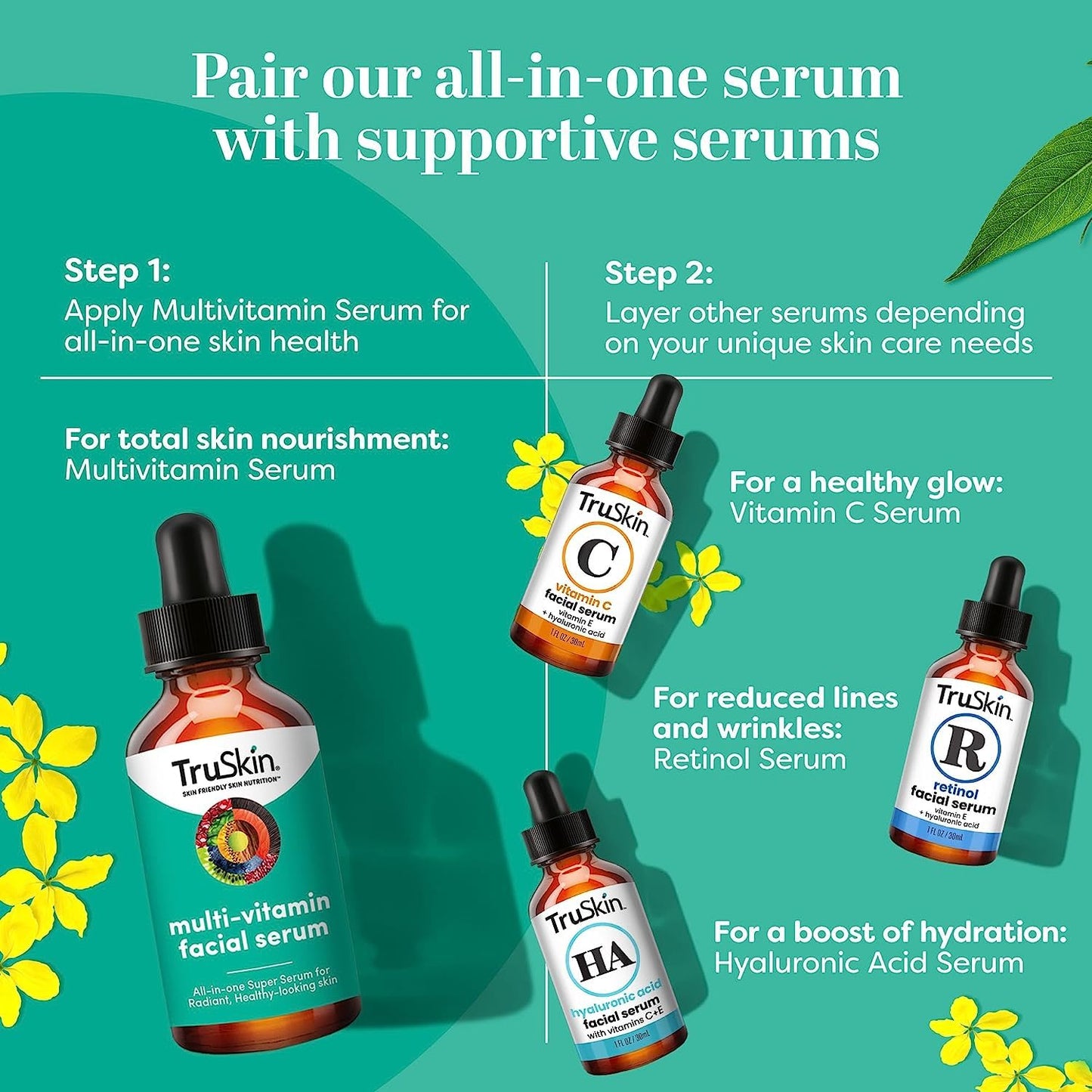 TruSkin Facial Serum with 11 Plant-Derived Vitamins & Minerals for Radiant, Healthy-Looking Skin - Powerful Antioxidants and Nourishing Vitamins for Skin Nutrition, 1 fl oz