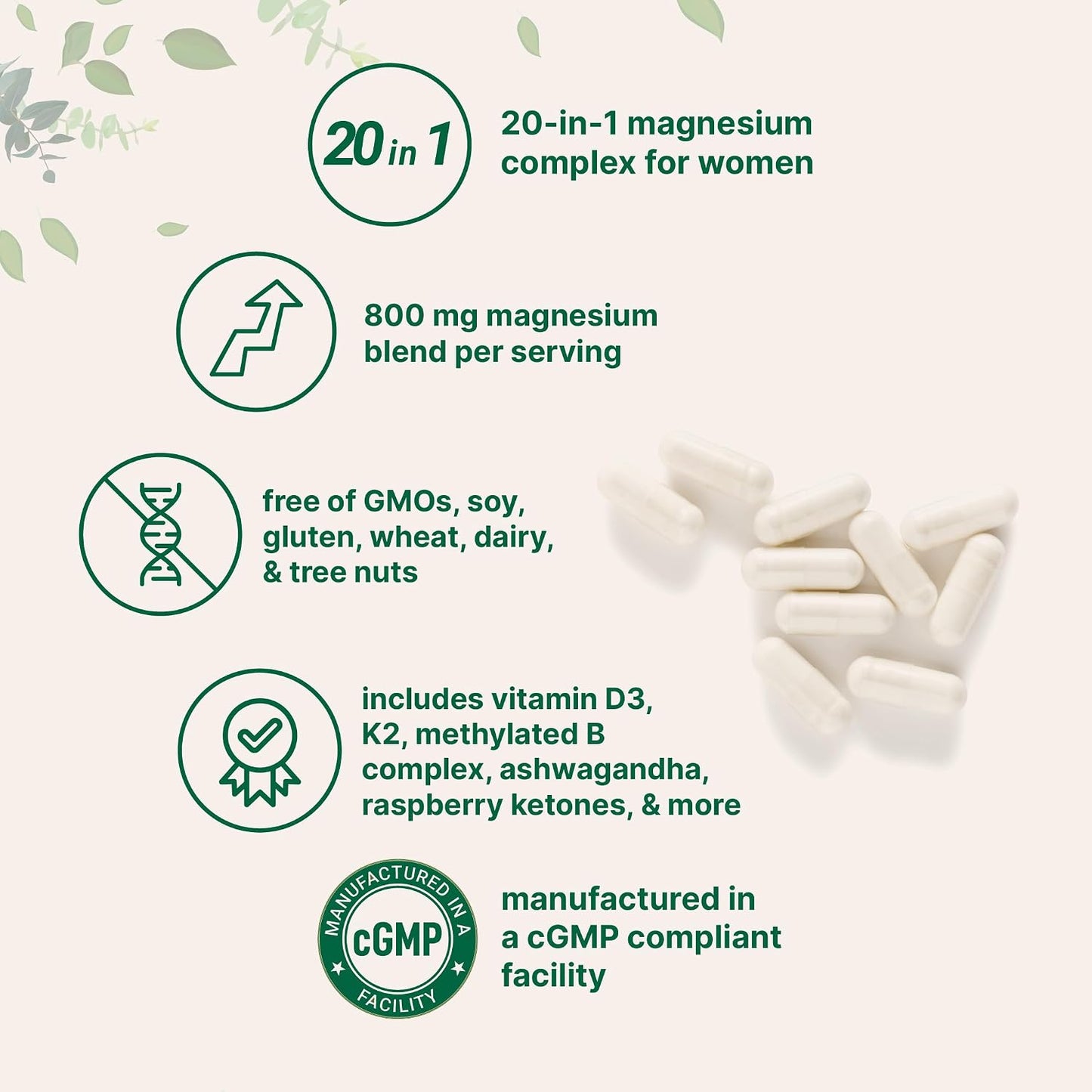 Magnesium Complex for Women | Glycinate, Citrate & More – 20-in-1 Formula with D3, K2 (MK-7), B6 (as P5P) & Ashwagandha | 240 Vegetarian Capsules, Filler Free, Non-GMO