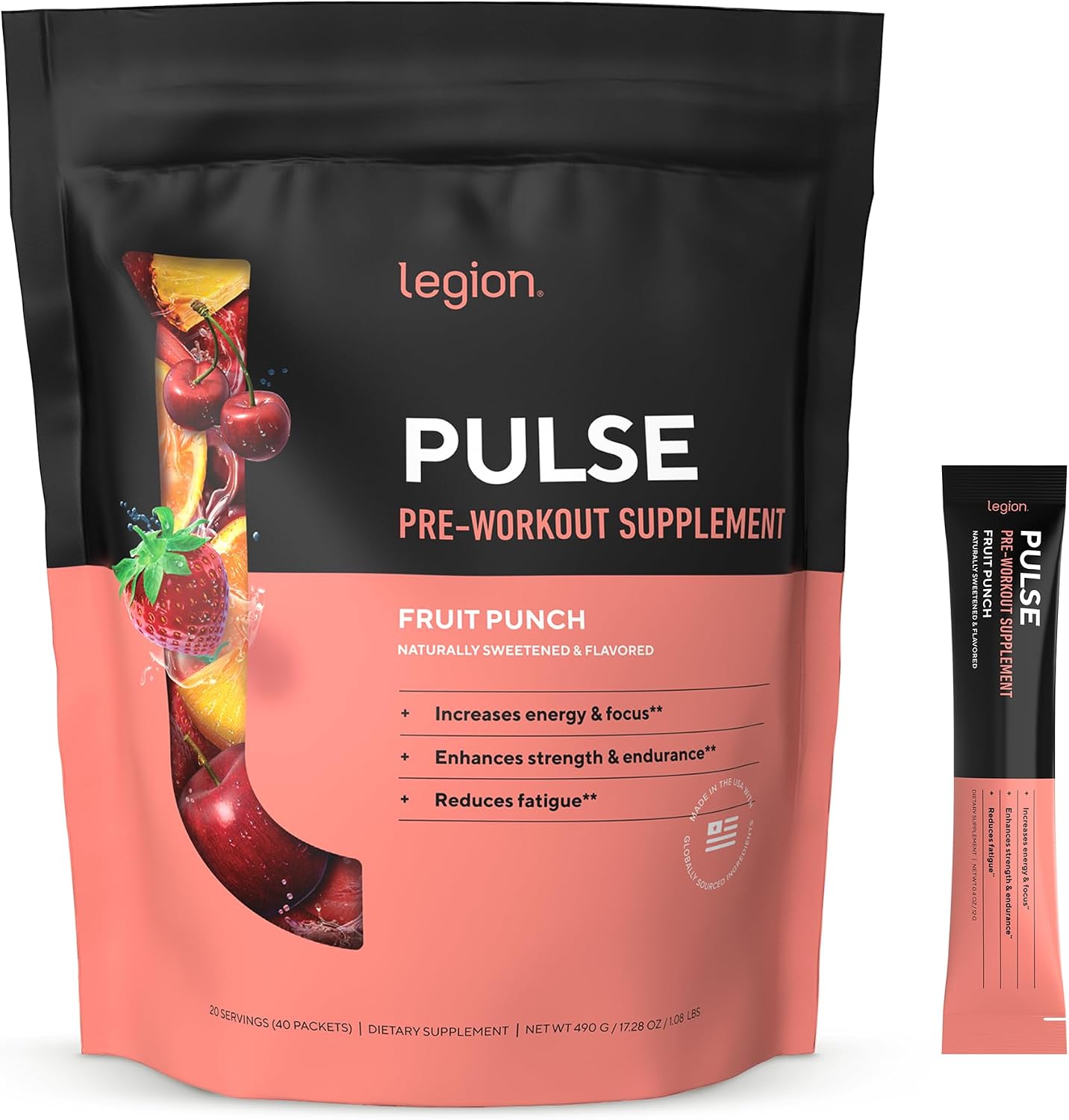 LEGION Pulse Pre Workout Supplement Packets - All Natural Nitric Oxide Preworkout Drink to Boost Energy, Creatine Free, Naturally Sweetened, Beta Alanine, Citrulline, Alpha GPC (Fruit Punch)