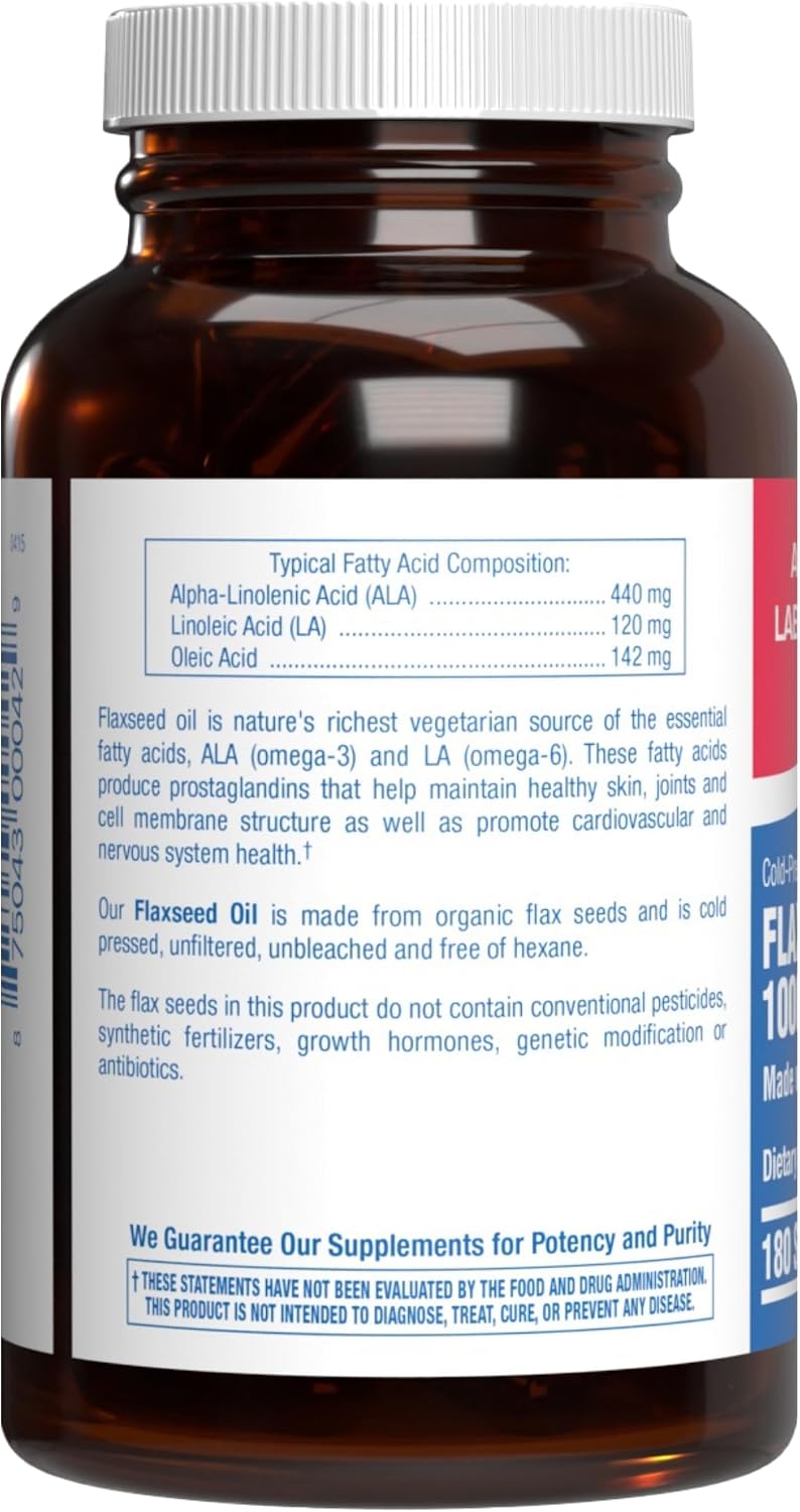 Cold Pressed Organic Flaxseed Oil 1000mg Softgels - Non GMO Organic Flax Seed Oil Rich in Naturally Occurring Omega 3 6 9 for Full Body Benefits - Fish Free Omega 3 Supplement (180 Softgels)