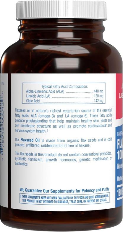 Cold Pressed Organic Flaxseed Oil 1000mg Softgels - Non GMO Organic Flax Seed Oil Rich in Naturally Occurring Omega 3 6 9 for Full Body Benefits - Fish Free Omega 3 Supplement (180 Softgels)