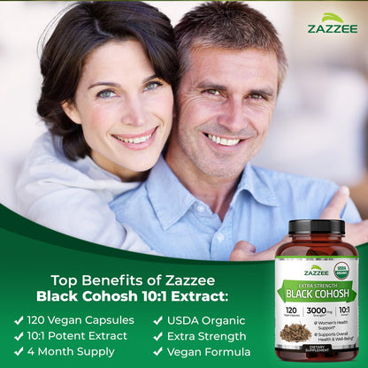 Zazzee USDA Organic Black Cohosh 10:1 Extract, 120 Vegan Capsules, 4 Month Supply, Actaea Racemosa, Women’s Health & Hormonal Balance Support, All-Natural, Non-GMO, Made in the USA