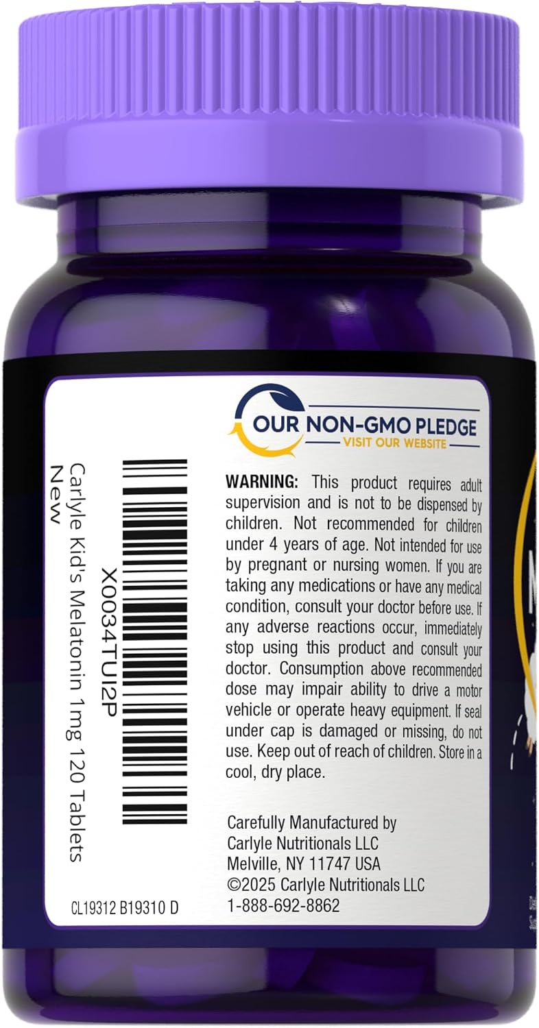 Carlyle Kids Melatonin 1mg | 120 Chewable Tablets | Fruit Flavor | Vegetarian Supplement | Non-GMO, Gluten Free Formula