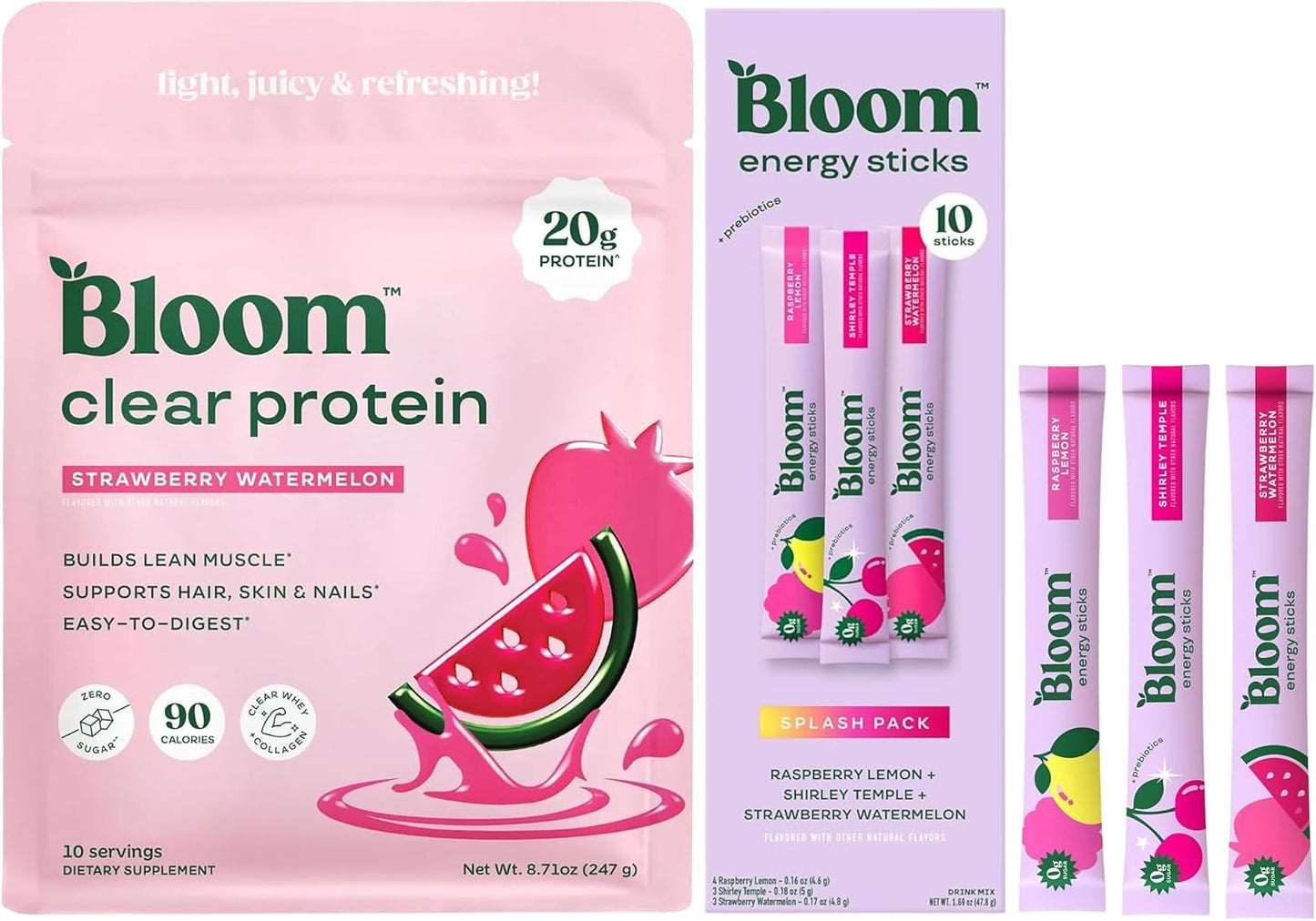 Bloom Strawberry Watermelon Clear Protein and Variety Energy Packets Bundle