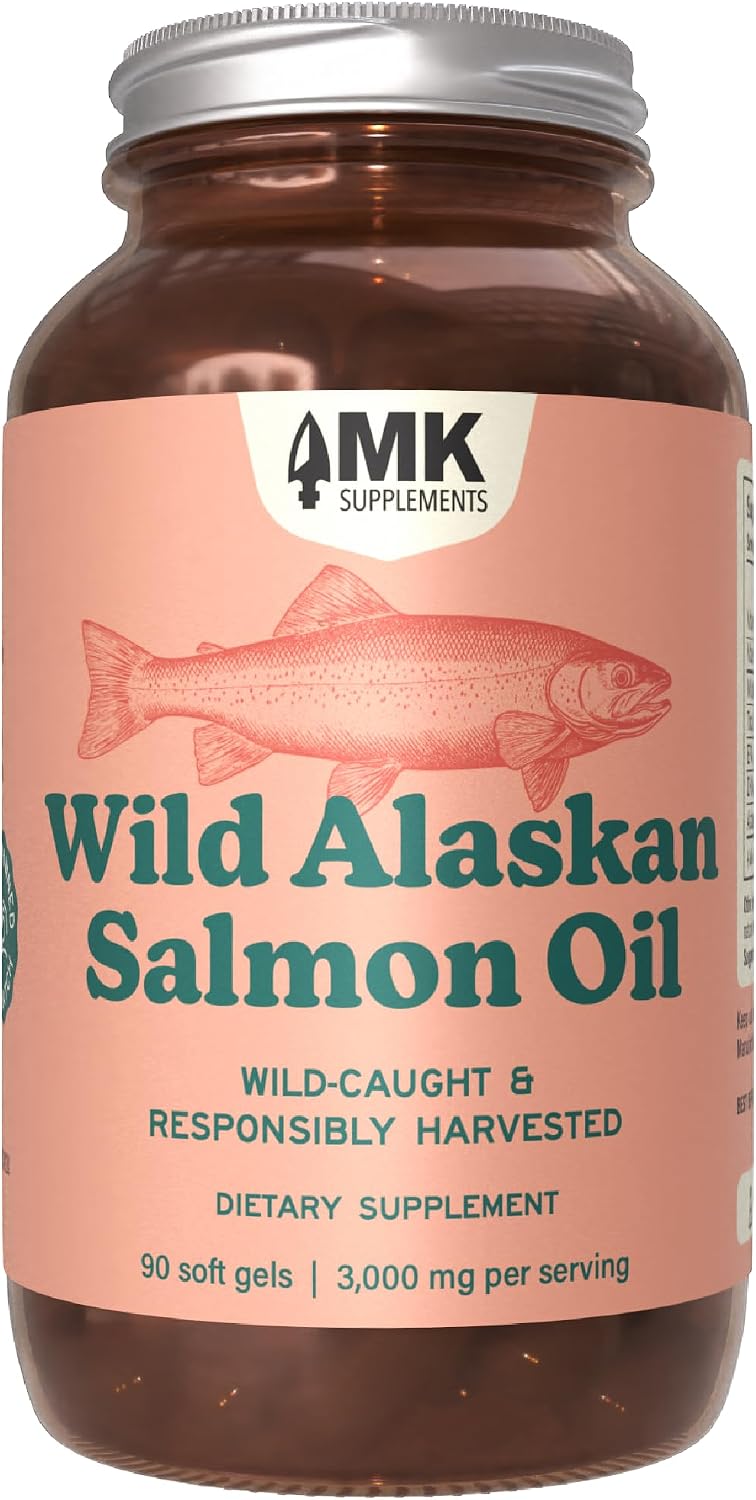 MK Supplements Wild Alaskan Sockeye Salmon Oil, Omega-3 EPA DHA | Tested for heavy metals/rancidity, 90 softgels, EPA and DHA per serving, astaxanthin, vitamins A and D, amber glass