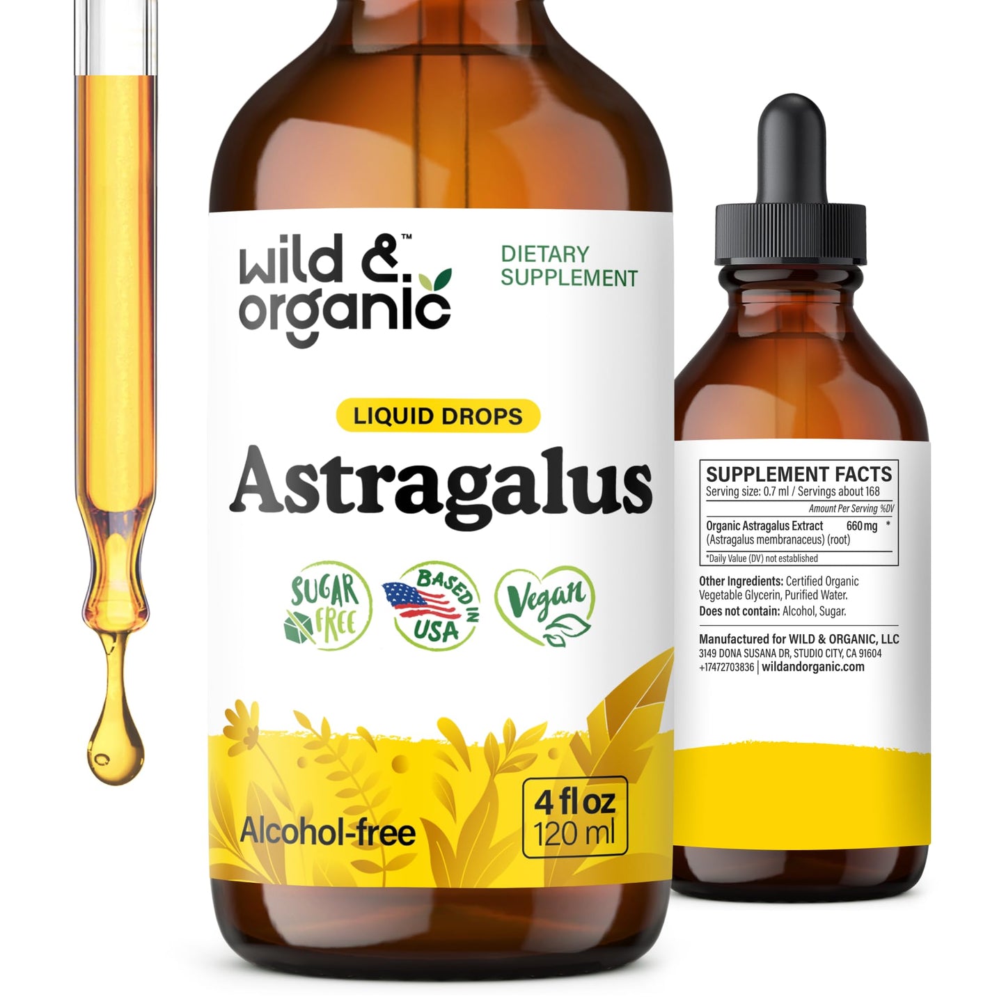 Wild & Organic Astragalus Root Extract Drops - Immune Support - Liquid Astragalus Supplement - Add to Tea & Mix with Powder - Membranaceus Herb - Vegan, Sugar & Alcohol-Free Tincture - 4 fl oz