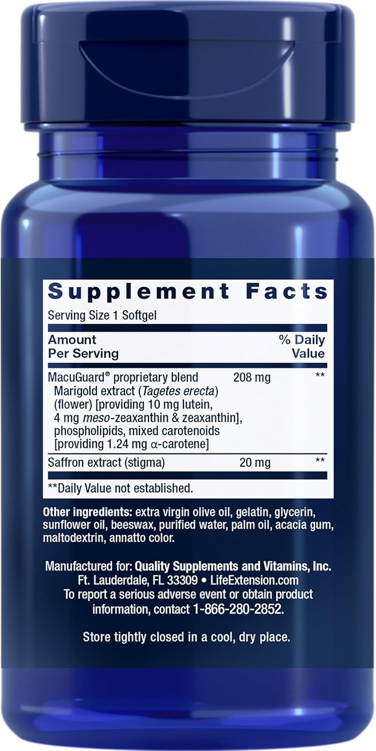 Life Extension MacuGuard Ocular Support with Saffron – Eye Health Supplement for Healthy Vision – with Lutein, Meso-zeaxanthin, zeaxanthin, Saffron – Gluten-Free, Non-GMO – 60 softgels | Eye Health Supplement for Healthy Vision with Lutein, Meso-Zeaxanthi