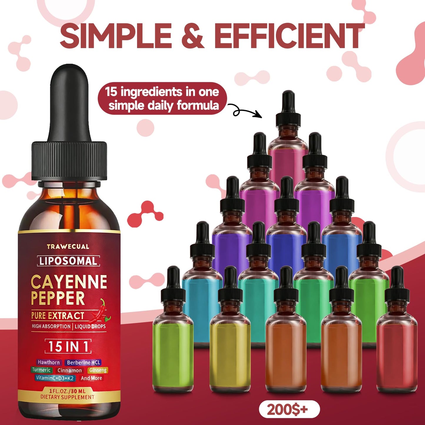 15 in1 Liposomal Cayenne Pepper Liquid Drops Supplement, with Vitamin D3 K2, Hawthorn, Berberine HCL, Beet Root, Turmeric, Cinnamon, Digestion, Circulatory Heath Support- 2 Fl Oz for 30 Days