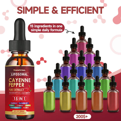 15 in1 Liposomal Cayenne Pepper Liquid Drops Supplement, with Vitamin D3 K2, Hawthorn, Berberine HCL, Beet Root, Turmeric, Cinnamon, Digestion, Circulatory Heath Support- 2 Fl Oz for 30 Days