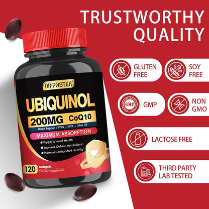 DRFOSTER Coq10 Ubiquinol 200mg, Coq10 200mg Softgels, Max Absorption Ubiquinol with Vitamin E & PQQ & Black Pepper, Powerful Antioxidant, 120 Softgels