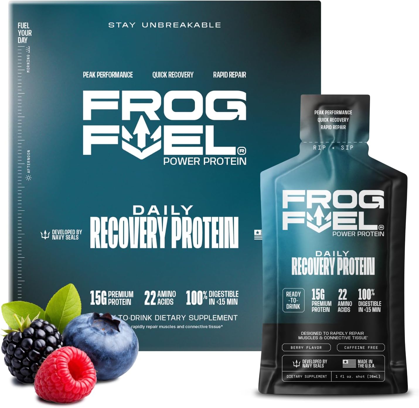 Frog Fuel Power Liquid Protein Shot, 15g Protein, Berry, 24 pk | Nano Hydrolyzed Grass Fed Collagen, Post Workout, 22 Amino Acids, Sugar & Fat Free, Gluten Free, 0 Carbs, 1 oz Shots