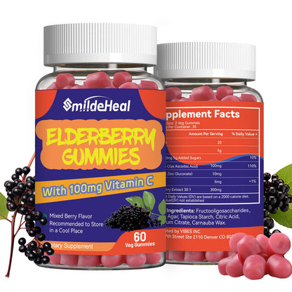 Elderberry Gummies 300mg, with Vitamin C and Zinc, 60 Count | Elderberry Gummies, Elderberry Extract 300mg, with Vitamin C and Zinc, Strawberry Flavor GummiesImmune Support, 60 Count