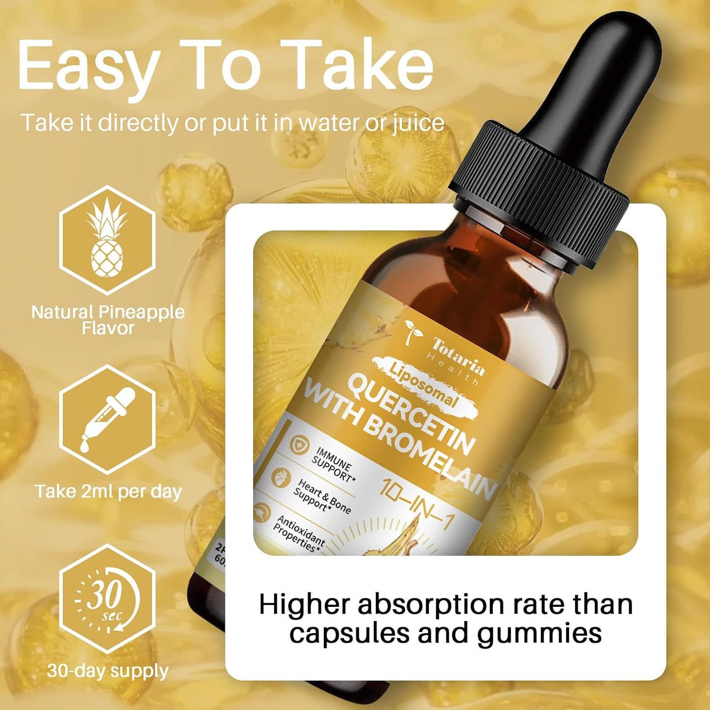 Totaria Liposomal Quercetin with Bromelain Liquid Drops - High Absorption Quercetin 1000mg & Bromelain 500mg Plus Elderberry,Vitamin C,Zinc for Immune & Antioxidant & Heart & Bone Support- 2 Fl Oz
