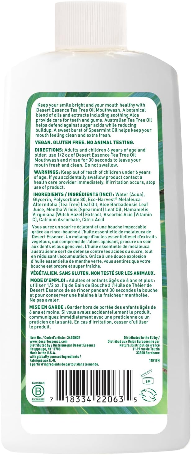 Desert Essence Alcohol-Free Mouthwash with Tea Tree Oil and Aloe, Sugar-Free, Oral Rinse to Provide Botanical Care for Teeth & Gums, Vegan, Non-GMO, SLS-Free, Gluten-Free, Spearmint Flavor, 8oz