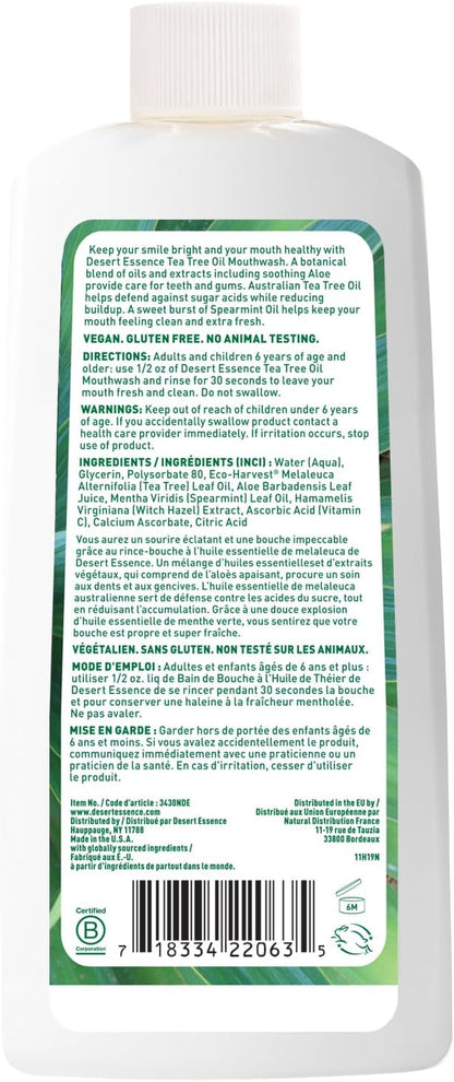 Desert Essence Alcohol-Free Mouthwash with Tea Tree Oil and Aloe, Sugar-Free, Oral Rinse to Provide Botanical Care for Teeth & Gums, Vegan, Non-GMO, SLS-Free, Gluten-Free, Spearmint Flavor, 8oz