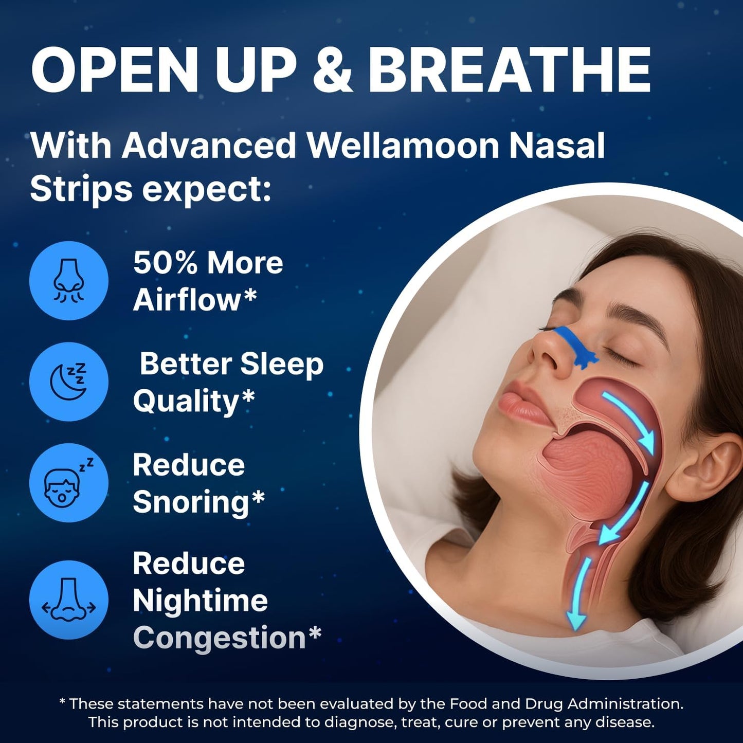 Wellamoon Nose Strips for Breathing (30 Ct) - Breathe Easy & Right Nasal Strips for Snoring & Sleeping - Oil & Sweat Proof Adhesive Snoring Solution- Improves Oxygen Intake, Sleep & Reduces Snoring