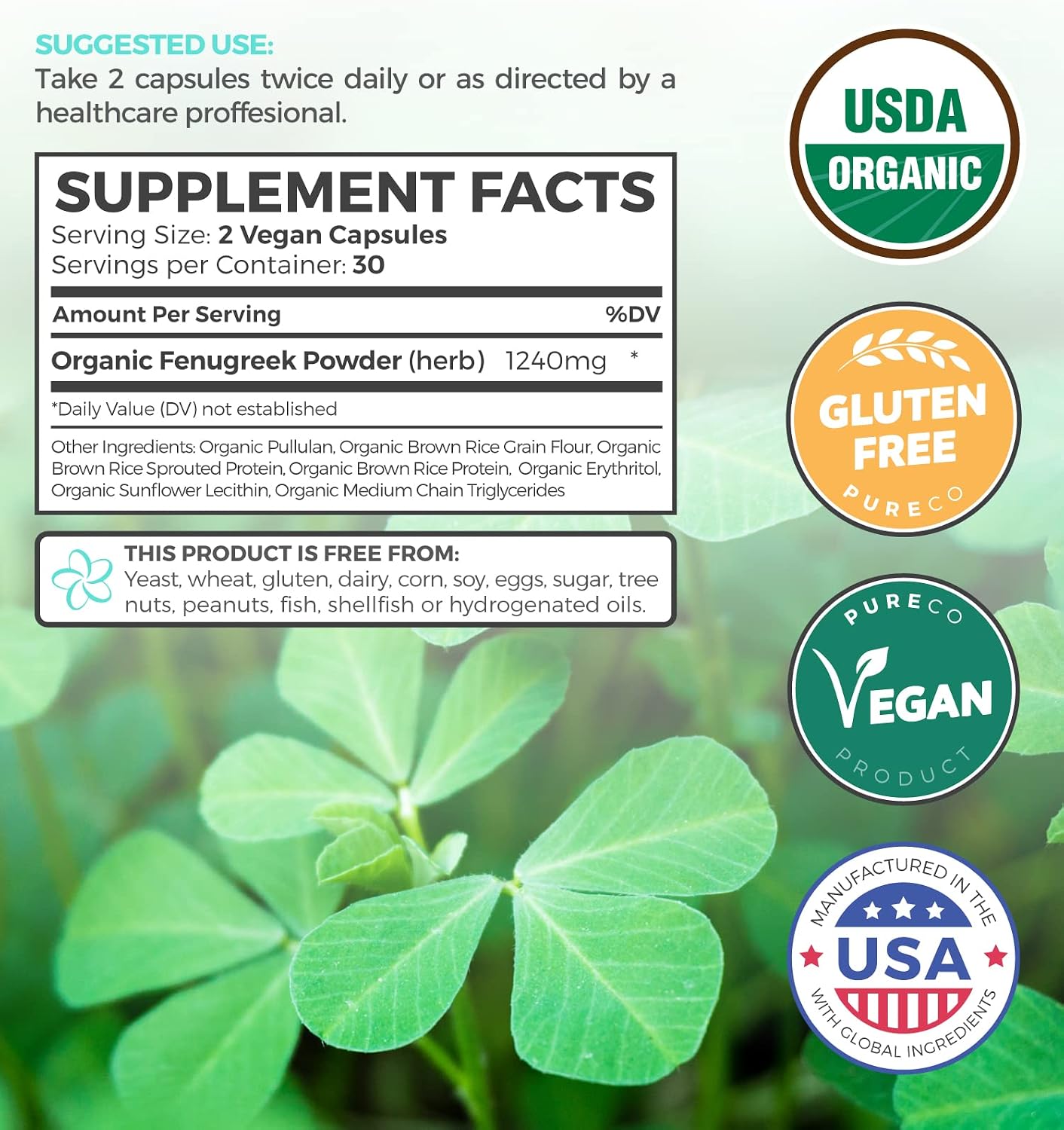 USDA Organic Fenugreek Capsules for Women - Effective Lactation Supplement for Increased Breast Milk Supply - Herbal Breastfeeding Support for Mothers - Gluten Free - 60 Vegan Capsules (No Pills)
