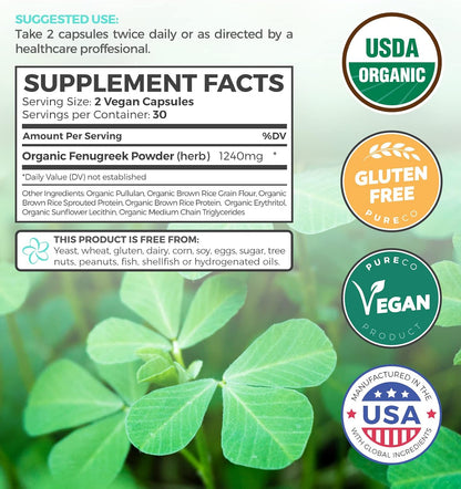 USDA Organic Fenugreek Capsules for Women - Effective Lactation Supplement for Increased Breast Milk Supply - Herbal Breastfeeding Support for Mothers - Gluten Free - 60 Vegan Capsules (No Pills)