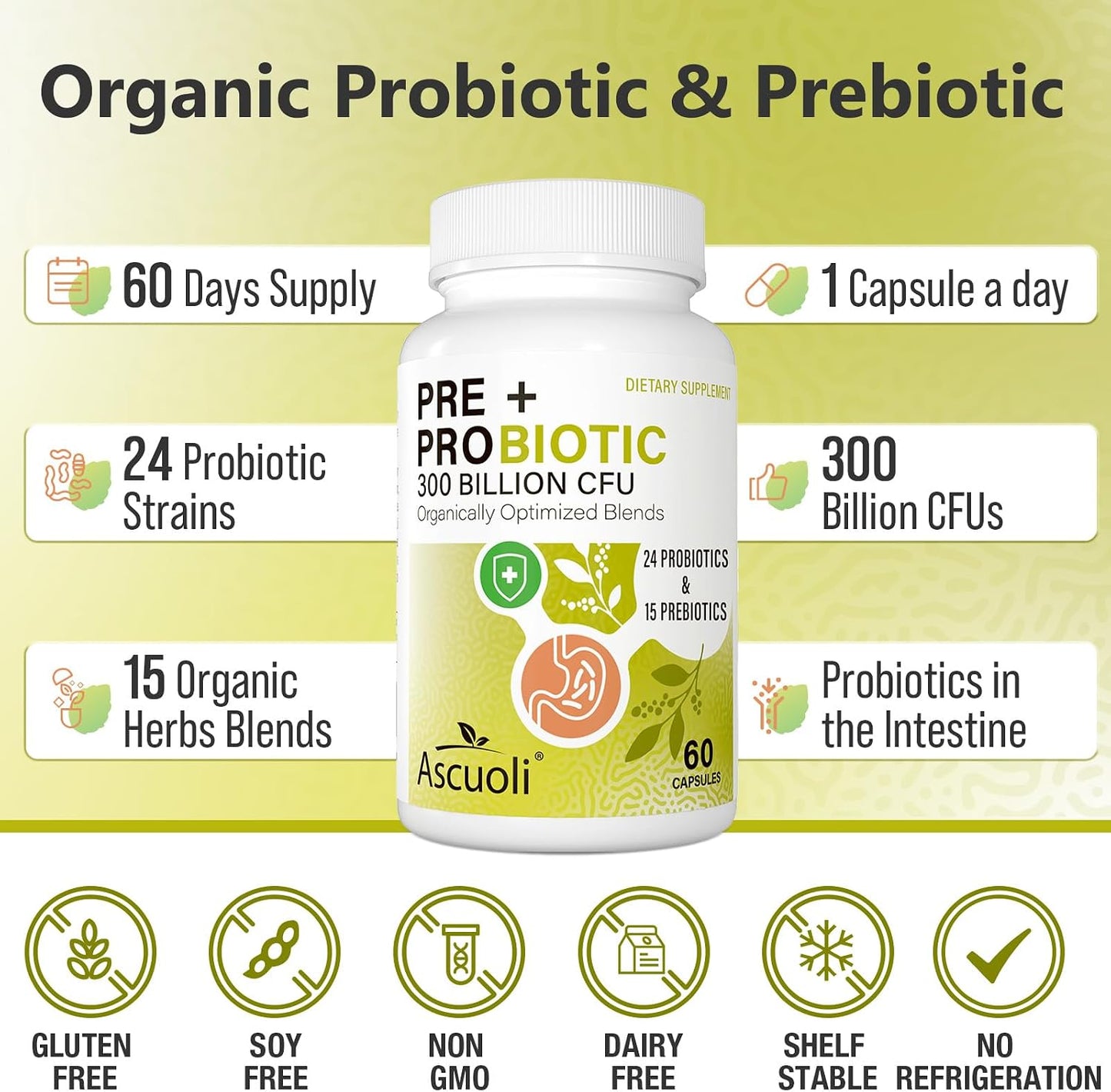 Prebiotics and Probiotics - 300 Billion CFU, 24 Probiotic+15 Herbs, 60 Caps | Probiotics for gut health, Immune & Digestive, Bloating - Probiotics for Women & Men