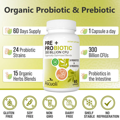 Prebiotics and Probiotics - 300 Billion CFU, 24 Probiotic+15 Herbs, 60 Caps | Probiotics for gut health, Immune & Digestive, Bloating - Probiotics for Women & Men