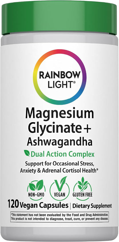 Rainbow Light Magnesium Glycinate + | 120 Capsules | Complex with Ashwagandha | Vegan, Non-GMO and Gluten Free Supplement