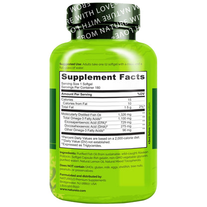 NATURELO Burpless Omega 3 Fish Oil Supplement - 1100mg Triglyceride Omega-3, EPA + DHA, Liquid Fish Oil for Heart, Eye, Brain, Joint Health - 120 Softgels, 4 Months Supply