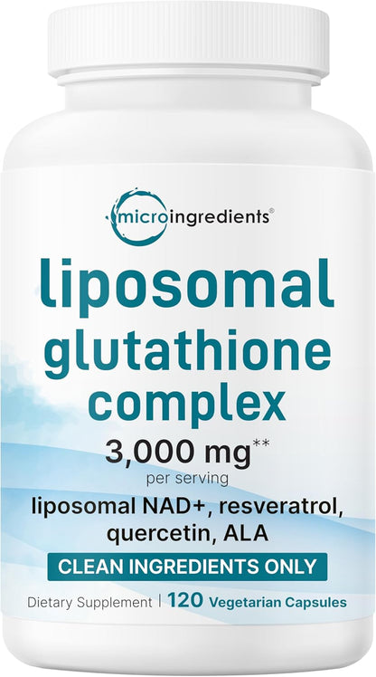 Micro Ingredients Liposomal Reduced Glutathione Complex 3,000mg - 8‑in‑1 Advanced Glutathione Supplement with NAD, Resveratrol, Quercetin, Alpha Lipoic Acid & Vitamin C - 120 Vegetarian Caps