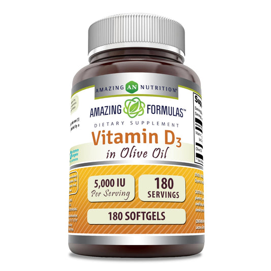 Amazing Formulas Vitamin D3 in Olive Oil 5000 IU Supplement | Softgels | Non-GMO | Gluten-Free | Made in USA (1 Pack | 360 Count)