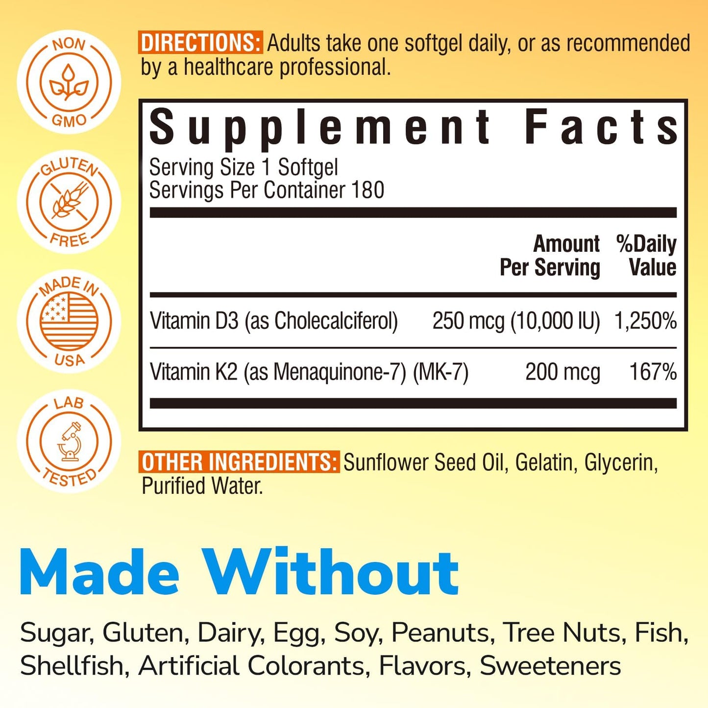 Vitalibre Vitamin D3 K2 Supplement, Vitamin D3 10000 IU & 200 mcg K2 MK7 | Enhanced Calcium Absorption, Bone, Heart, Immune & Mood Support, No Soy, Easy to Swallow, 90 Softgels