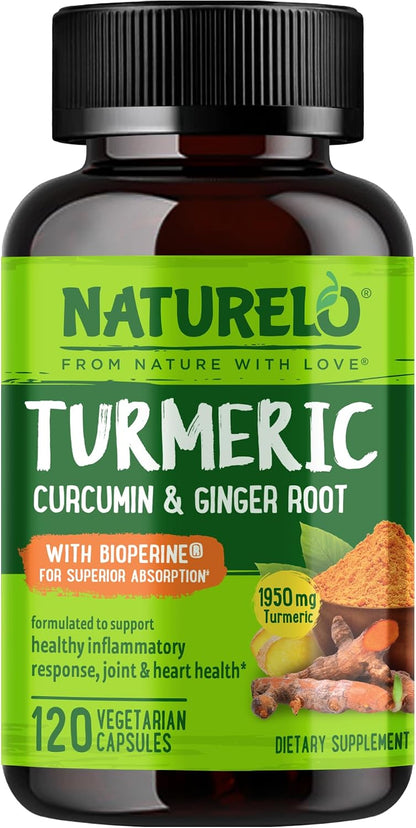 NATURELO Turmeric Curcumin - BioPerine for Better Absorption - Black Pepper, Ginger Root, Curcuminoids - Plant-Based Joint Discomfort Support - 120 Vegan Capsules