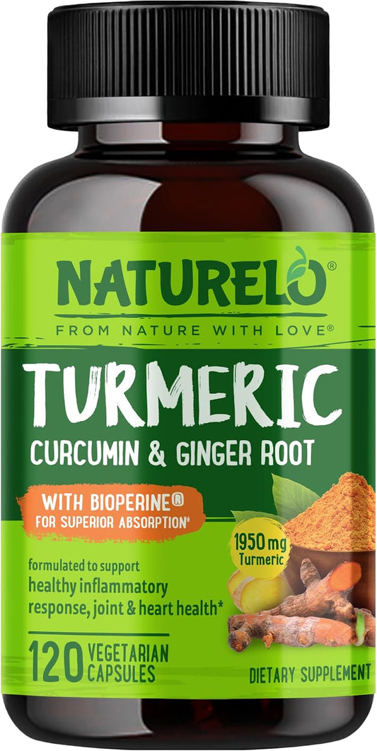 NATURELO Turmeric Curcumin - BioPerine for Better Absorption - Black Pepper, Ginger Root, Curcuminoids - Plant-Based Joint Discomfort Support - 120 Vegan Capsules
